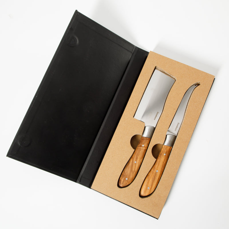Bloomhouse 2 pc Stainless Steel Cheese Knife Set - German Steel Blade - Olive Wood Handle - Mirror Polish - GBX w/ Remailer