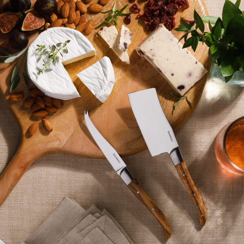 Bloomhouse 2 pc Stainless Steel Cheese Knife Set - German Steel Blade - Olive Wood Handle - Mirror Polish - GBX w/ Remailer