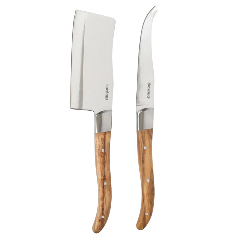 Bloomhouse 2 pc Stainless Steel Cheese Knife Set - German Steel Blade - Olive Wood Handle - Mirror Polish - GBX w/ Remailer