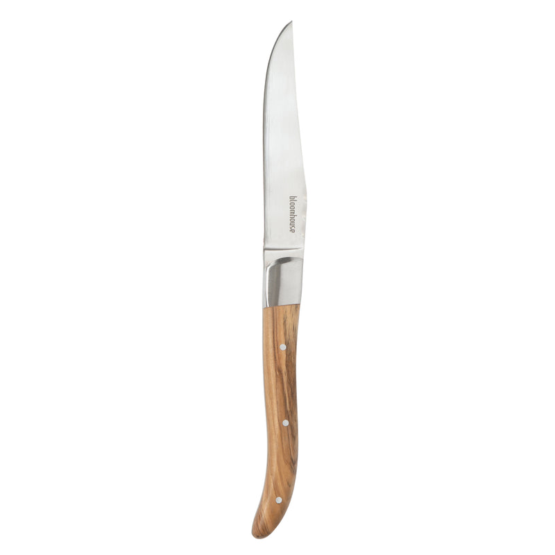 Bloomhouse 4 pc Stainless Steel Steak Knife Set - German Steel Blade - Olive Wood Handle - GBX w/ Remailer