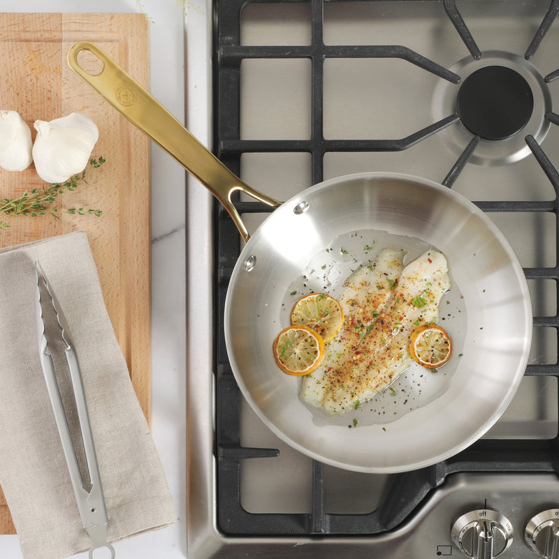 Martha Stewart Castelle 9.5" Stainless Steel Frying Pan - Satin Polish Interior - Gold PVD Handle - Impact Bonded Base - Color Sleeve
