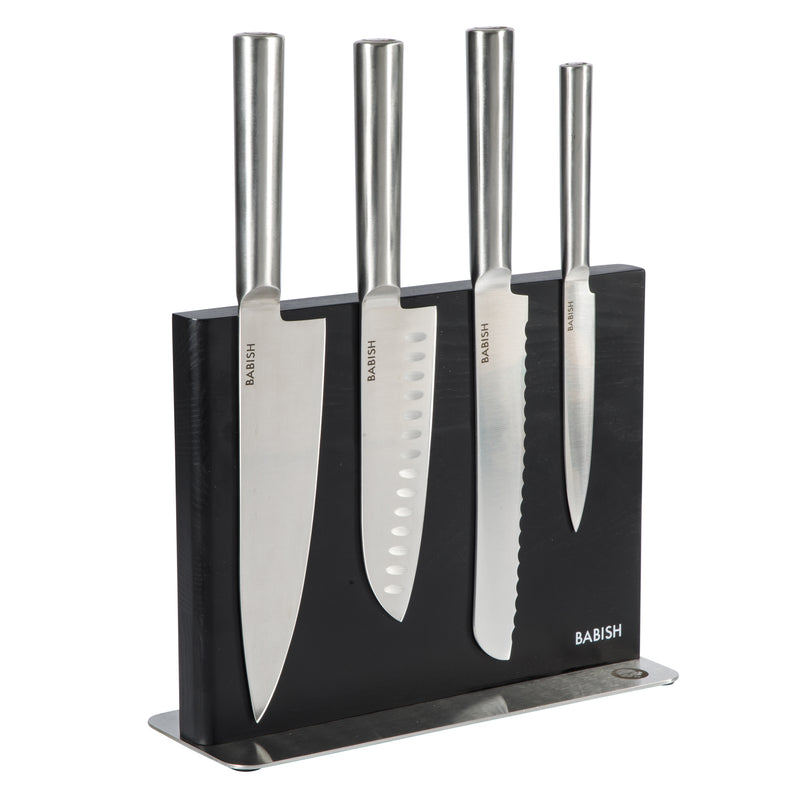 Babish 5pc Stainless Steel Cutlery Set w/ Magnetic Ashwood Block - German Steel - SS Hollow Handle - Gift Box w/ Remailer