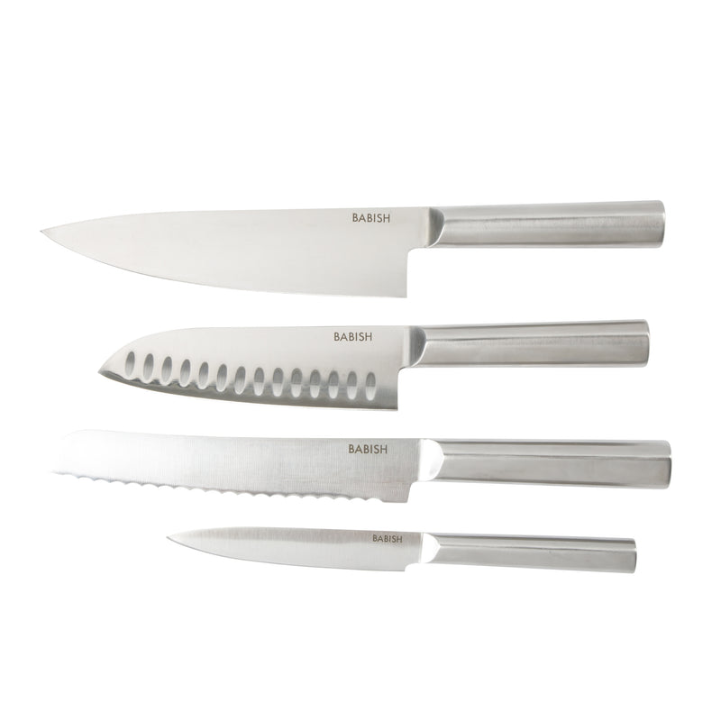 Babish 5pc Stainless Steel Cutlery Set w/ Magnetic Ashwood Block - German Steel - SS Hollow Handle - Gift Box w/ Remailer