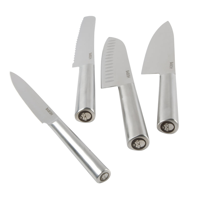 Babish 5pc Stainless Steel Cutlery Set w/ Magnetic Ashwood Block - German Steel - SS Hollow Handle - Gift Box w/ Remailer