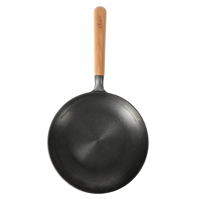 Oster Platinum Flintfield9.5" Preaseason Cast Iron Skillet - Circular Rough Polished Interior - No Rivets Wood Handle - Color Sleeve w/ Remailer