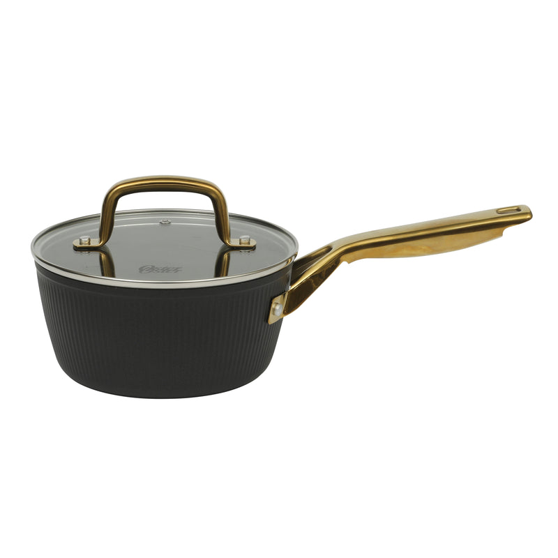 Oster Abbottsford 16pc Aluminum Cookware Combo Set - Matte Black Stripe - Nonstick - CD Bottom - Stainless Steel Handle - Gift Box