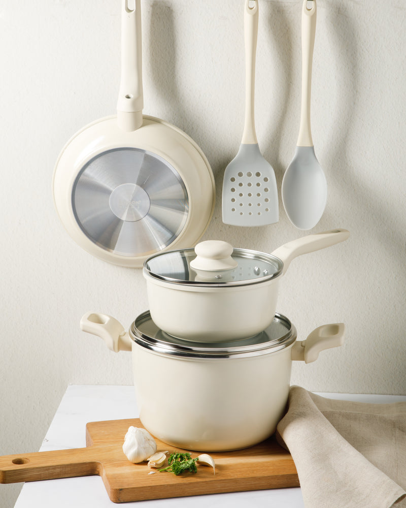 Gibson Home Barnsdall 7 pc Aluminum Cookware Set w/ Kitchen Tools - Ceramic Non-Stick Interior - Soft Touch Bakelite Handle - Gift Box