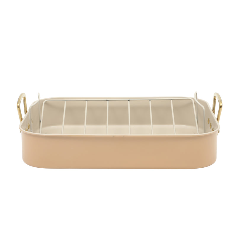 Gibson Home Broxton 2 pc Carbon Steel 16" x 12" Turkey Roaster w/ Taupe Cooling Rack - Non-Stick - Cast Aluminum Gold Handle - Color Sleeve
