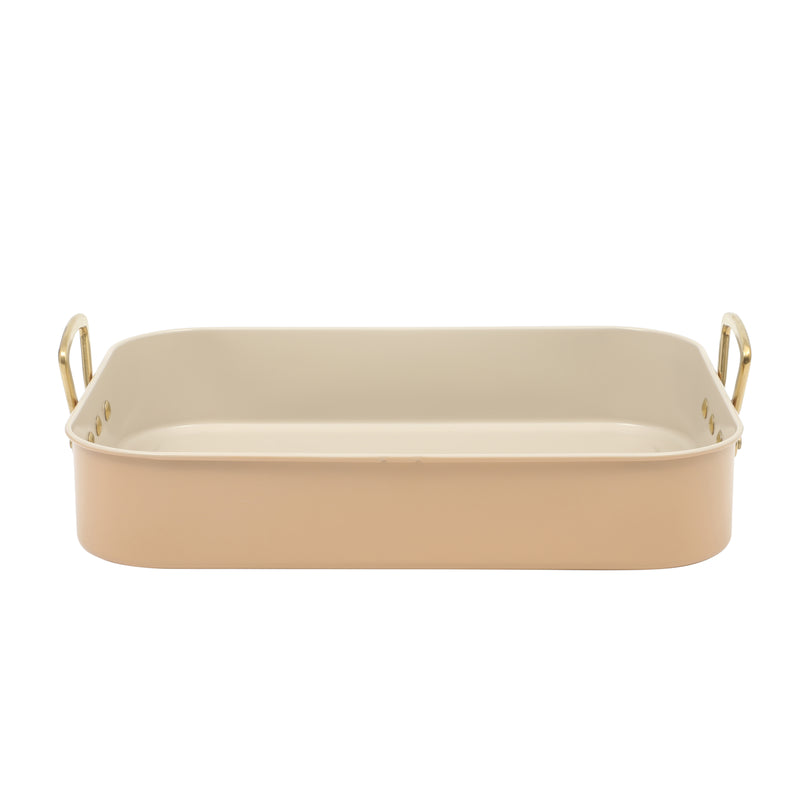 Gibson Home Broxton 2 pc Carbon Steel 16" x 12" Turkey Roaster w/ Taupe Cooling Rack - Non-Stick - Cast Aluminum Gold Handle - Color Sleeve
