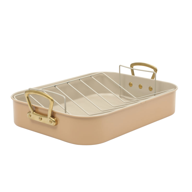 Gibson Home Broxton 2 pc Carbon Steel 16" x 12" Turkey Roaster w/ Taupe Cooling Rack - Non-Stick - Cast Aluminum Gold Handle - Color Sleeve