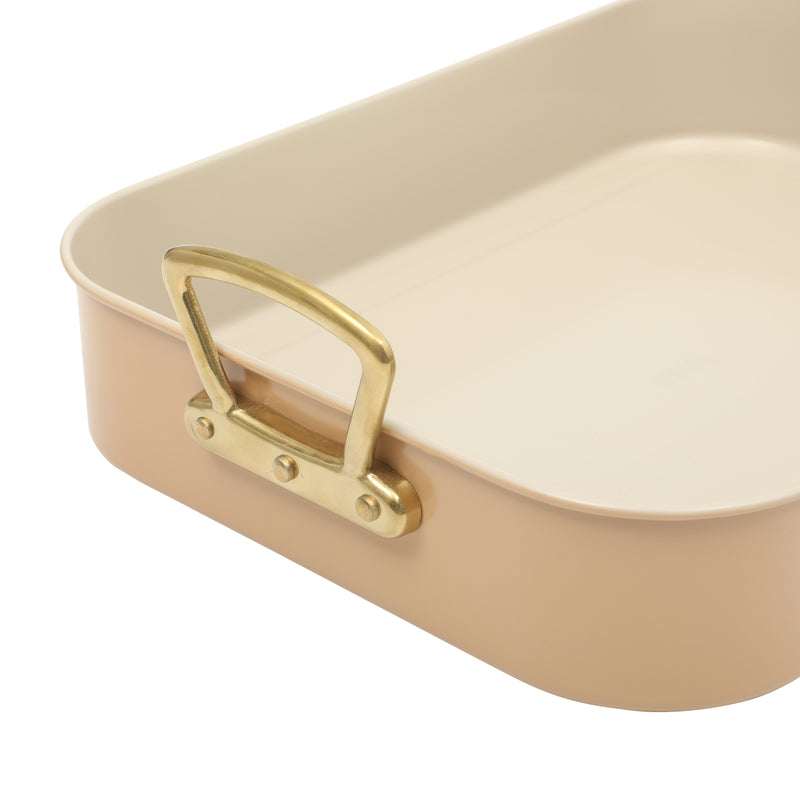 Gibson Home Broxton 2 pc Carbon Steel 16" x 12" Turkey Roaster w/ Taupe Cooling Rack - Non-Stick - Cast Aluminum Gold Handle - Color Sleeve