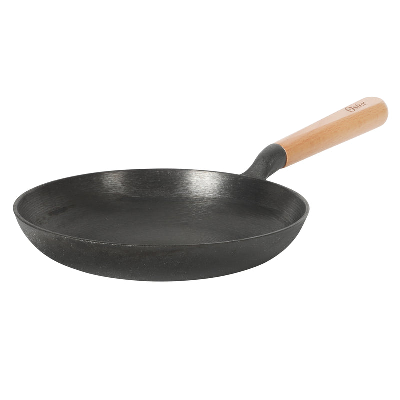 Oster Platinum Flintfield9.5" Preaseason Cast Iron Skillet - Circular Rough Polished Interior - No Rivets Wood Handle - Color Sleeve w/ Remailer
