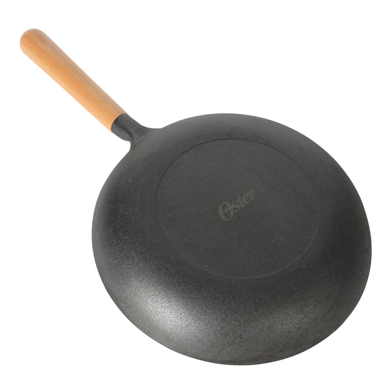 Oster Platinum Flintfield9.5" Preaseason Cast Iron Skillet - Circular Rough Polished Interior - No Rivets Wood Handle - Color Sleeve w/ Remailer