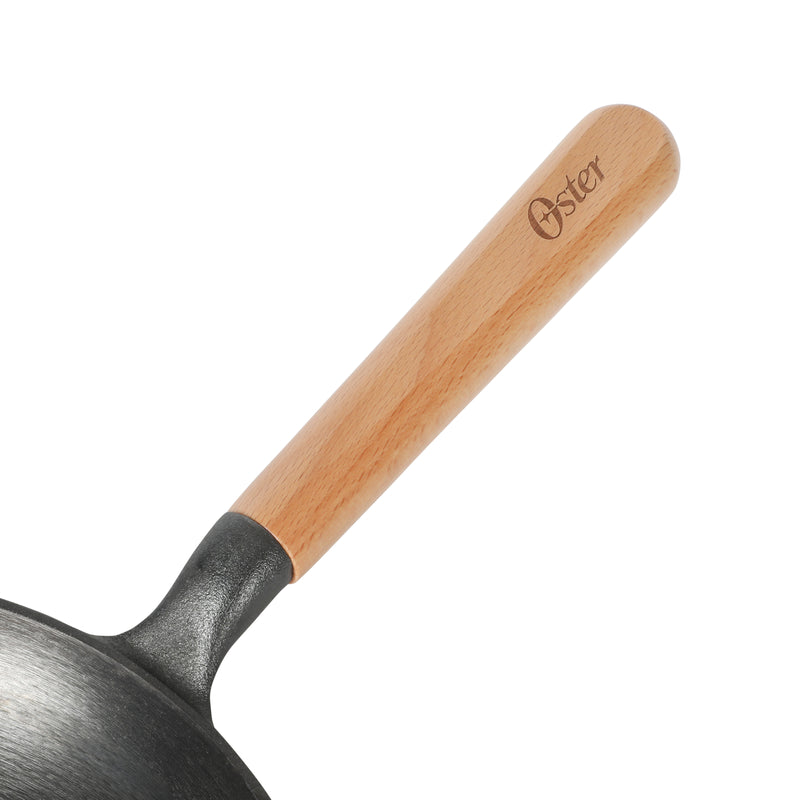 Oster Platinum Flintfield9.5" Preaseason Cast Iron Skillet - Circular Rough Polished Interior - No Rivets Wood Handle - Color Sleeve w/ Remailer