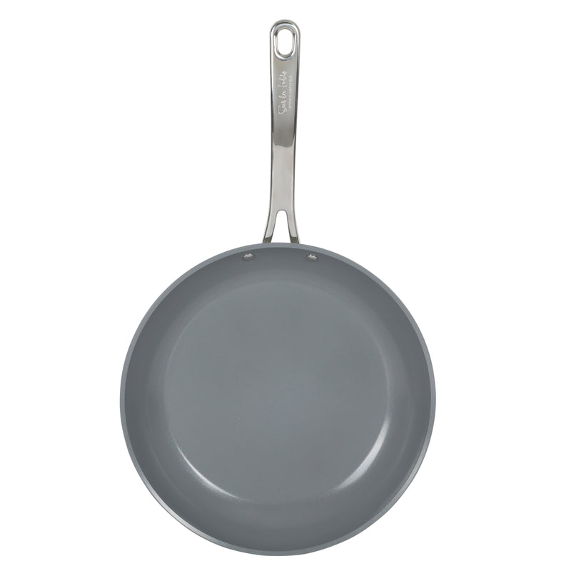 Sur La Table Kitchen Essentials Gourmet Cuisine 12" Forged Aluminum Frying Pan - Grey Ceramic Titanium Interior - Induction Base - Stainless Steel Hollow Handle - Color Sleeve