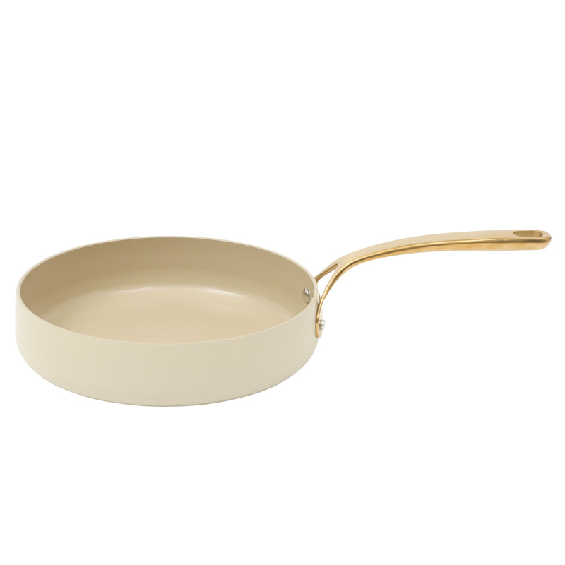 Bloomhouse 8pc Aluminum Cookware Set - Linen - Taupe Ceramic Interior - Nonstick - Gold PVD Stainless Steel Rim Glass Lid - Induction - Cast Stainless Steel Gold PVD Handle - Gift Box w/ Remailer