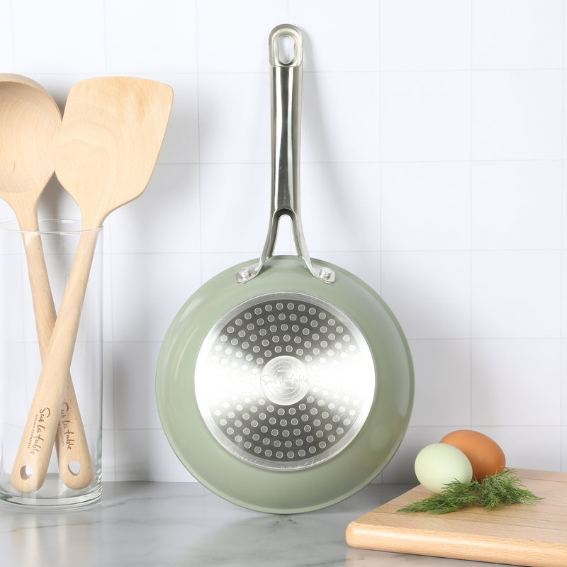 Sur La Table Kitchen Essentials Gourmet Cuisine 8" Forged Aluminum Frying Pan - Grey Ceramic Titanium Interior - Induction Base - Stainless Steel Hollow Handle - Color Sleeve