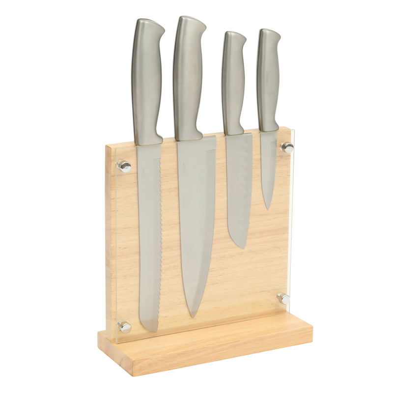 Oster Baldwyn 5pc Cutlery Set w/ Rubber Wood Magnetic Stand - SS - GBX