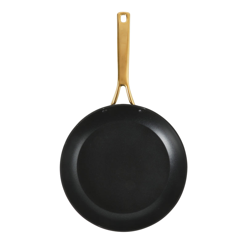 Oster Abbottsford 11" Aluminum Frying Pan - Matte Black Stripe - Nonstick - CD Bottom - Stainless Steel Gold Handle - Color Sleeve