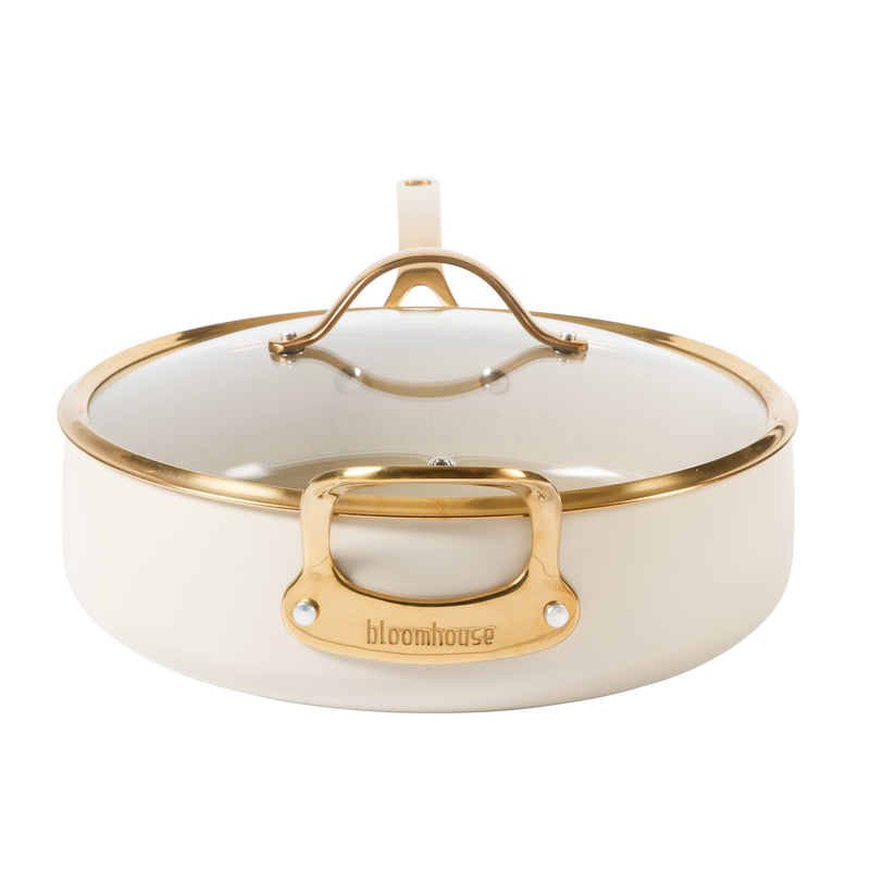 Bloomhouse 6qt Aluminum Sauté Pan w/ Lid - Linen - Taupe Ceramic Interior - Nonstick - Induction - Cast Stainless Steel Gold PVD Handle - Gift Box w/ Remailer