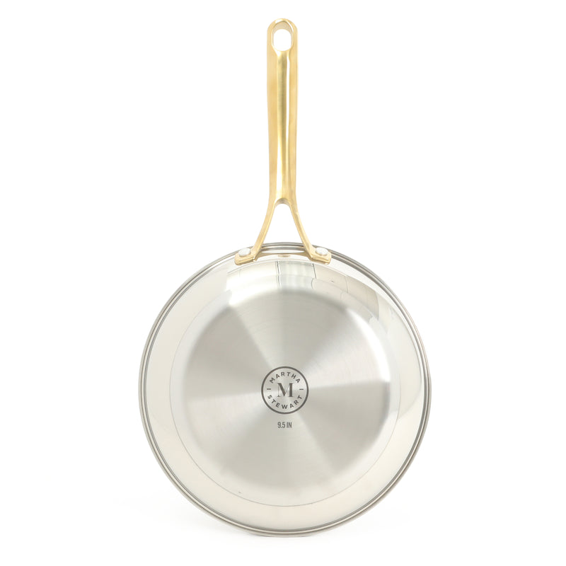 Martha Stewart Castelle 9.5" Stainless Steel Frying Pan - Satin Polish Interior - Gold PVD Handle - Impact Bonded Base - Color Sleeve
