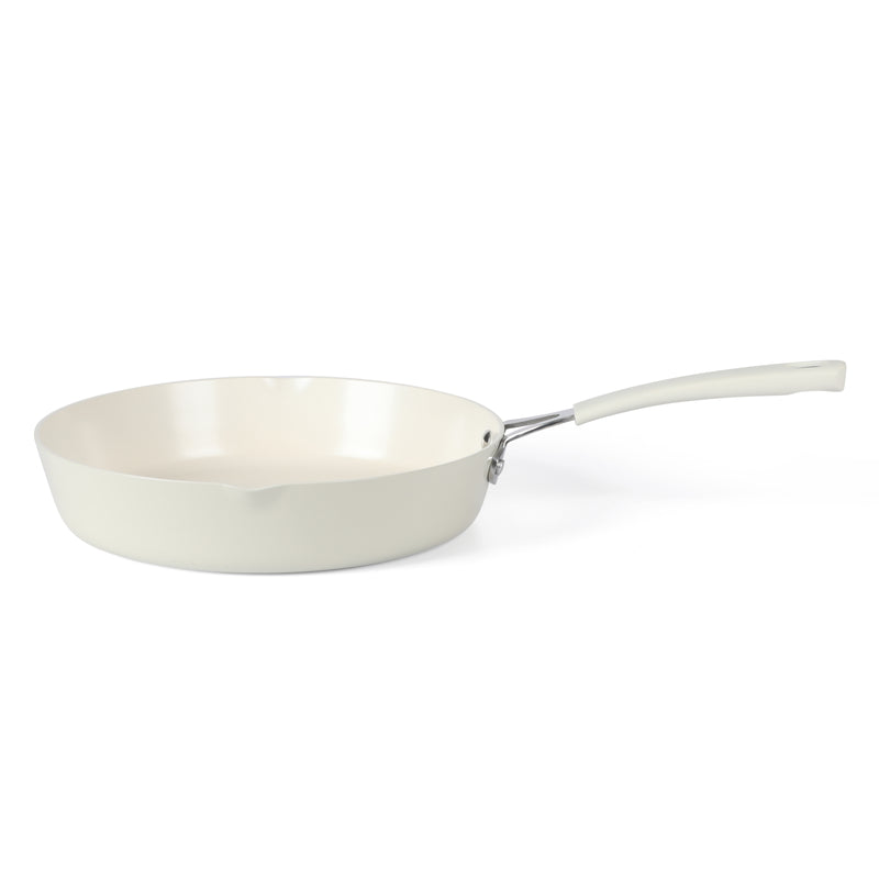 Martha Stewart 11" Heathland Aluminum Frying Pan - Linen - Taper Shape - Off White Ceramic Interior - Induction - Silicone Handle - Color Sleeve