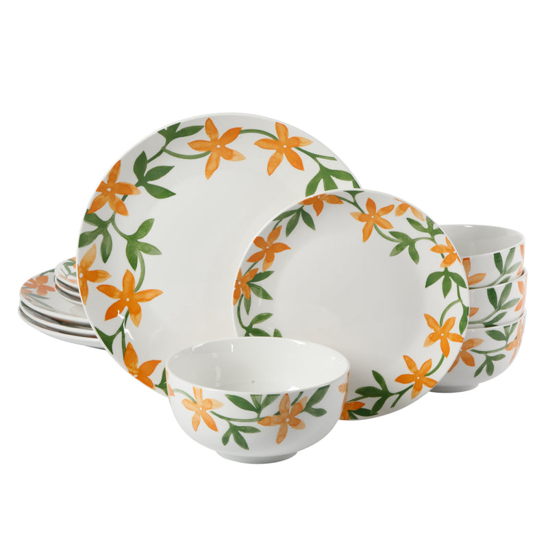 Gibson Home Surrey Hill 12pc Dinnerware Set - Yellow / Green - Decorated - Fine Ceramic - Gift Box