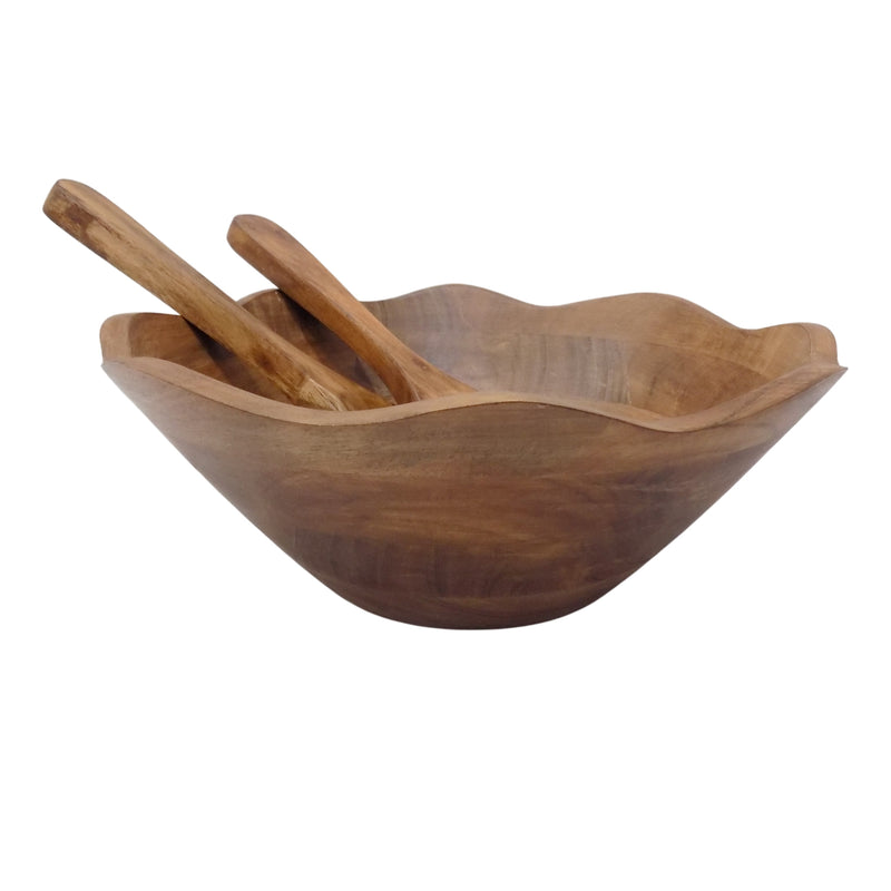 Gibson Home Sandhurst 12" Scalloped Acacia Wood Salad Bowl w/ 2 pc Servers - Gift Box