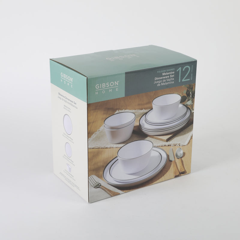 Gibson Home Folsom Shores 12pc Melamine Dinnerware Set - Colored Rim - Matte - 2400G - Gift Box