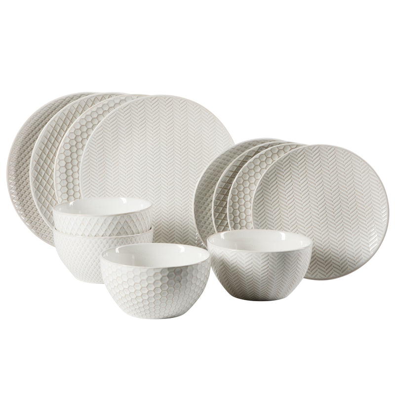 Gibson Elite Earlhart 12pc Dinnerware Set - 4 Assorted Designs - Cream - Reactive Glaze - Stoneware - Gift Box