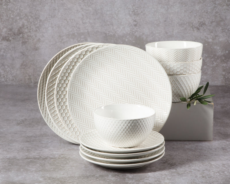 Gibson Elite Earlhart 12pc Dinnerware Set - 4 Assorted Designs - Cream - Reactive Glaze - Stoneware - Gift Box
