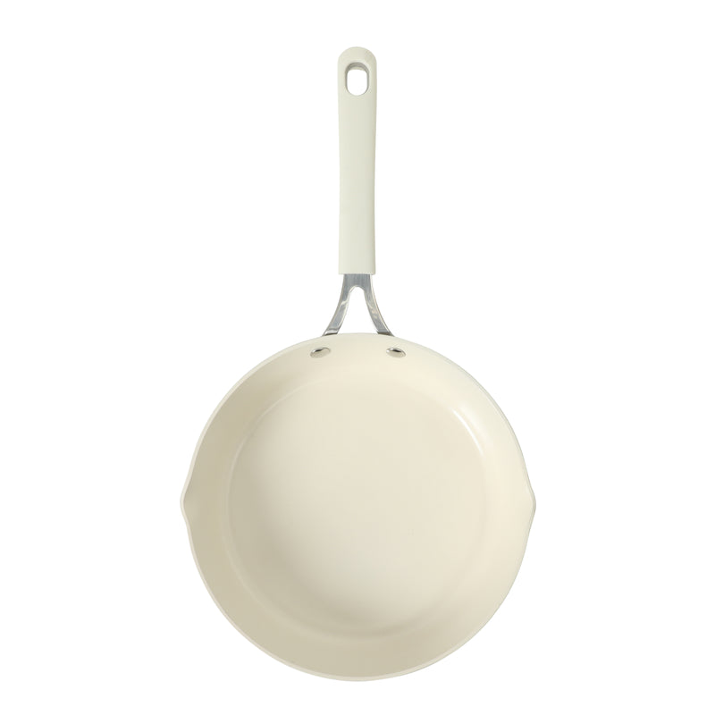Martha Stewart 9.5" Heathland Aluminum Frying Pan - Linen - Taper Shape - Off White Ceramic Interior - Induction - Silicone Handle - Color Sleeve