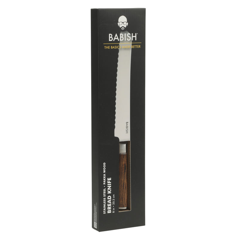Babish 8" German Steel Bread Knife w/ Paka Wood Handle - Gift Box w/ Remailer