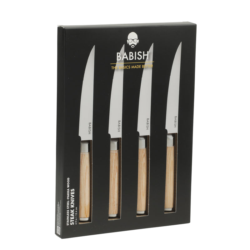 Babish 4 pc 4.9" German Steel Steak Knives w/ Paka Wood Handle - Gift Box w/ Remailer