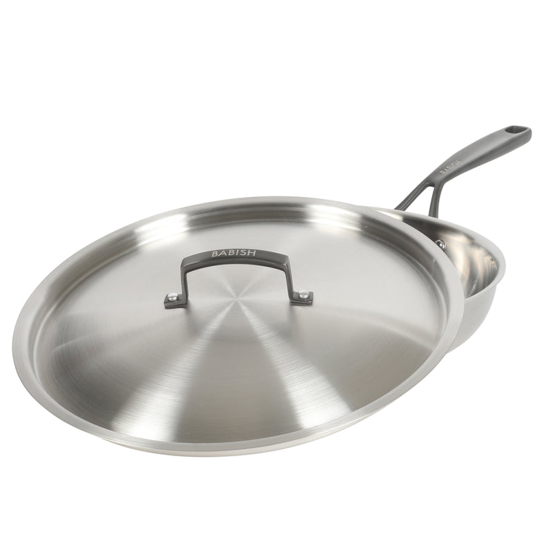 Babish 12" Triply Stainless Steel Frying Pan w/ Stainless Steel Lid & Black PVD Handle - Color Sleeve w/ Remailer