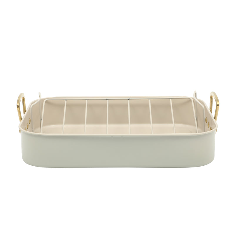 Gibson Home Broxton 2 pc Carbon Steel 16" x 12" Turkey Roaster w/ Taupe Cooling Rack - Non-Stick - Cast Aluminum Gold Handle - Color Sleeve