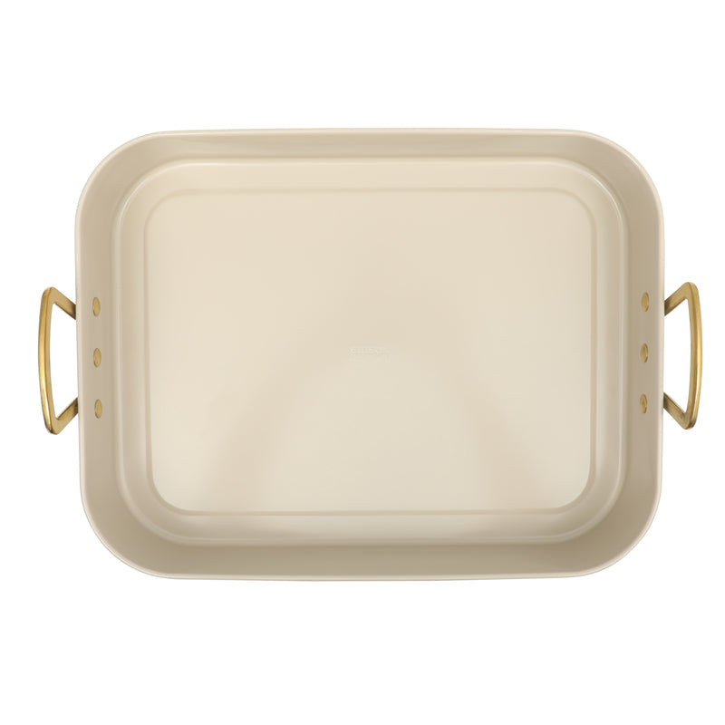Gibson Home Broxton 2 pc Carbon Steel 16" x 12" Turkey Roaster w/ Taupe Cooling Rack - Non-Stick - Cast Aluminum Gold Handle - Color Sleeve