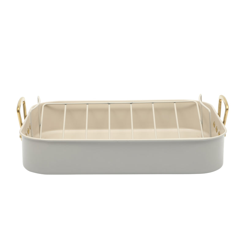Gibson Home Broxton 2 pc Carbon Steel 16" x 12" Turkey Roaster w/ Taupe Cooling Rack - Non-Stick - Cast Aluminum Gold Handle - Color Sleeve