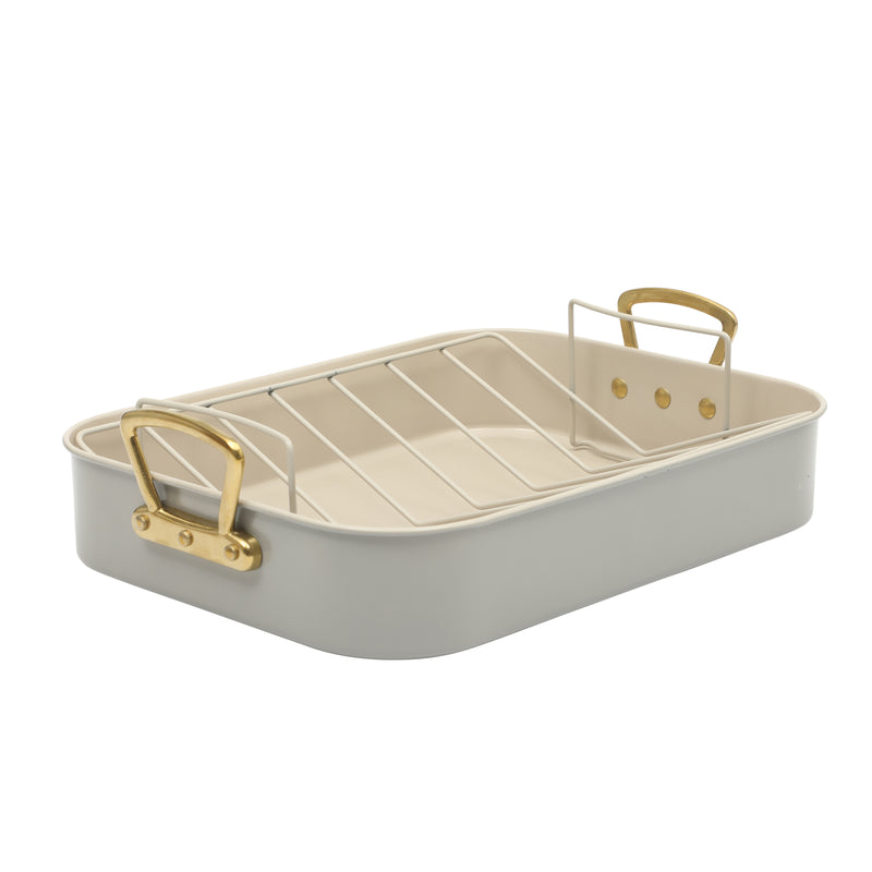 Gibson Home Broxton 2 pc Carbon Steel 16" x 12" Turkey Roaster w/ Taupe Cooling Rack - Non-Stick - Cast Aluminum Gold Handle - Color Sleeve