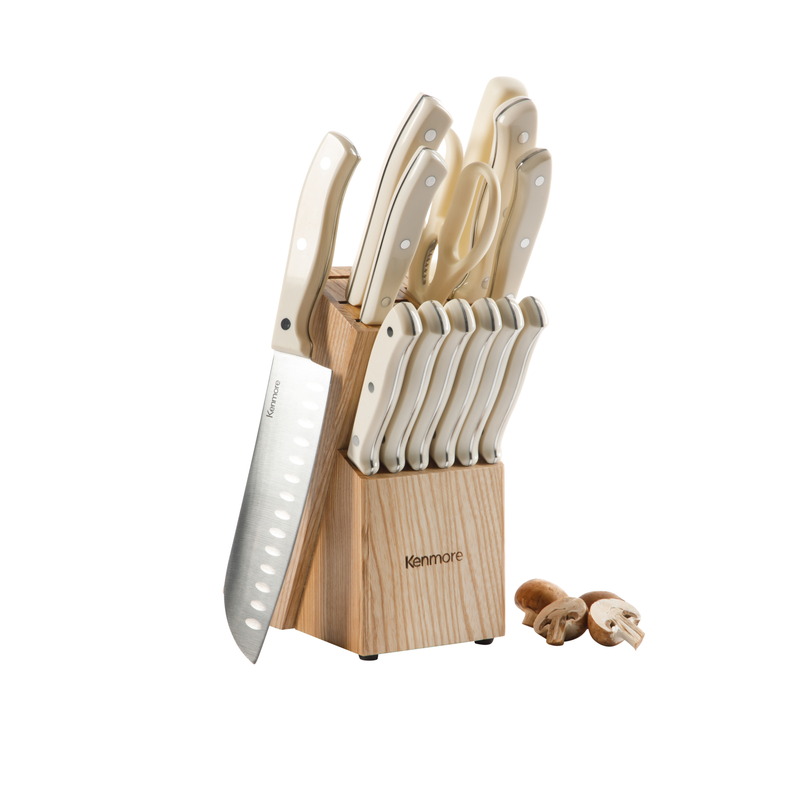 Kenmore Kane Glacier 14pc Stainless Steel Cutlery Set w/ Ashwood Block - ABS Handle - Gift Box w/ Remailer : Linen