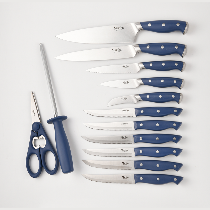 Martha Stewart Greeley 14pc Stainless Steel Cutlery Set w/ Acacia Wood Block - Forged Handle - GBX