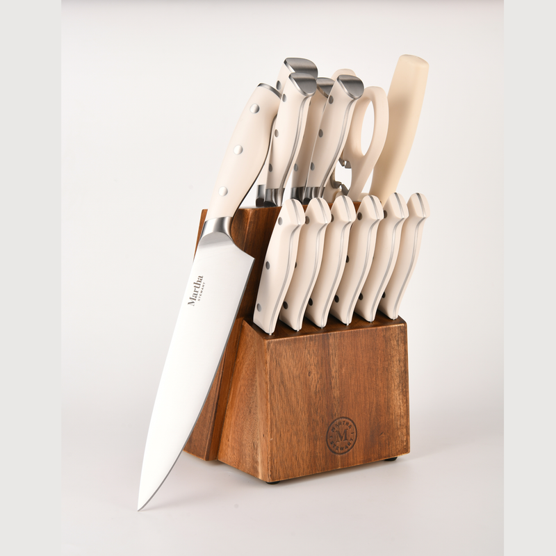 Martha Stewart Greeley 14pc Stainless Steel Cutlery Set w/ Acacia Wood Block - Forged Handle - GBX