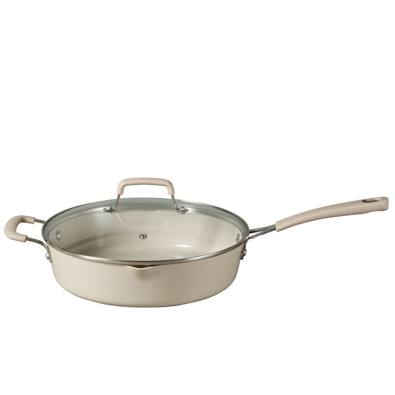 Martha Stewart Heathland 10pc Aluminum Cookware Set - Linen - Taper Shape - Off White Ceramic Interior - Induction - Silicone Handle - Gift Box w/ Remailer