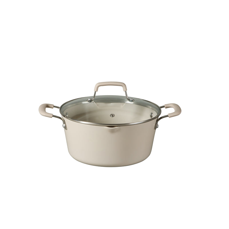 Martha Stewart Heathland 10pc Aluminum Cookware Set - Linen - Taper Shape - Off White Ceramic Interior - Induction - Silicone Handle - Gift Box w/ Remailer