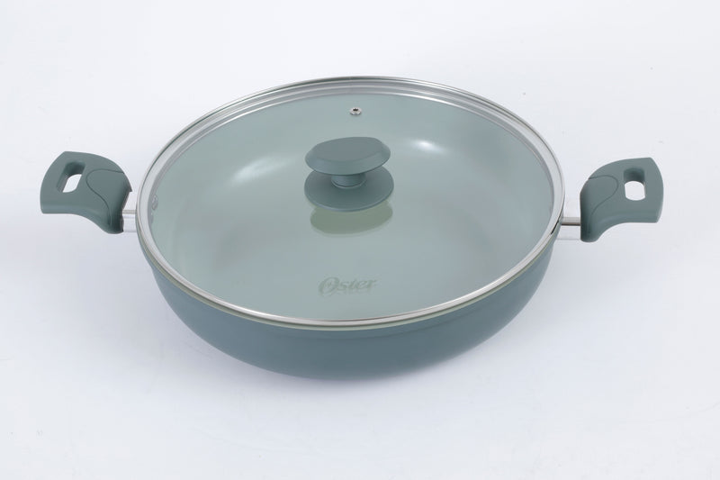 Oster Sutterville Choice 12" Aluminum Shallow Pot w/ Flat Glass Lid - Sage - Ceramic Non-Stick Interior - Soft Touch Handle - Open Stock Color Sleeve