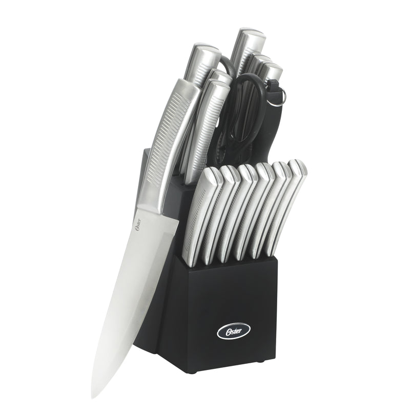 Oster Eddington 16pc Stainless Steel Cutlery Set w/ Black Wood Block - Textured Ridged Handle - GBX
