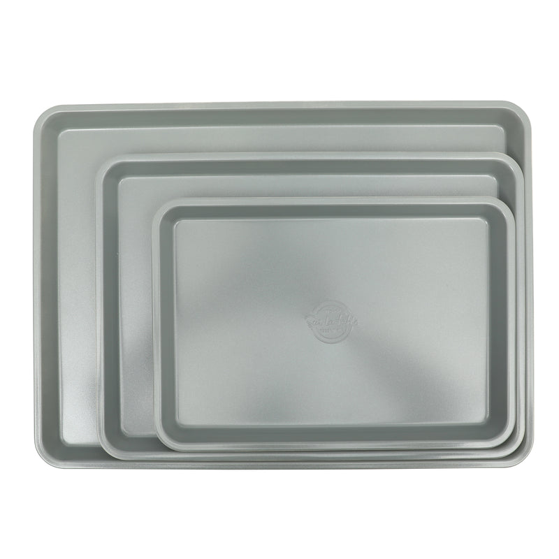 Sur La Table Kitchen Essentials Bake Sale 3pc Carbon Steel Cookie Sheet Set - Linen Exterior - Grey Non-Stick Interior - Open Stock w/ Color Label & Remailer