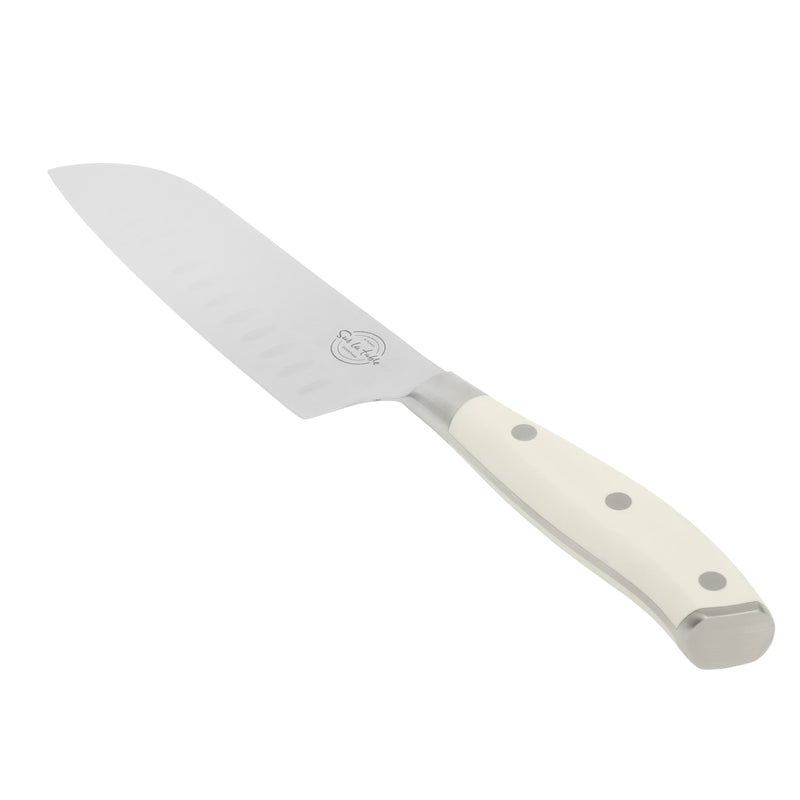 Sur La Table Kitchen Essentials Tasting Kitchen 7" Stainless Steel Santoku Knife - Eggshell - German Steel Blade - Color Plastic Handle - Clam Pack w/ Remailer