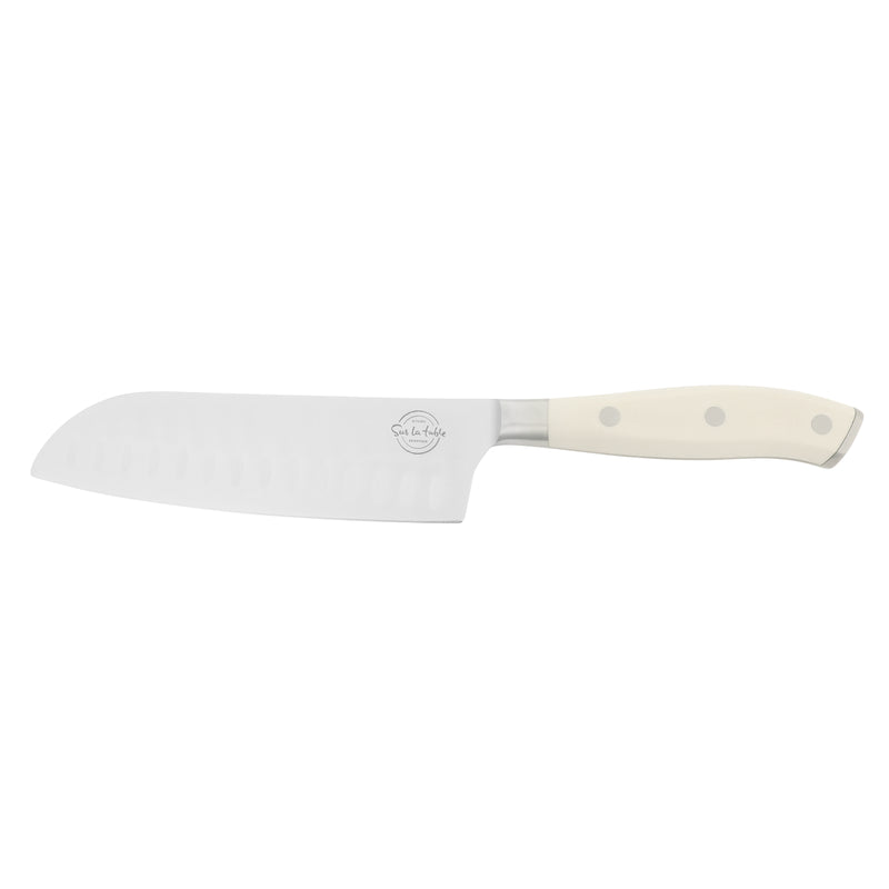 Sur La Table Kitchen Essentials Tasting Kitchen 7" Stainless Steel Santoku Knife - Eggshell - German Steel Blade - Color Plastic Handle - Clam Pack w/ Remailer