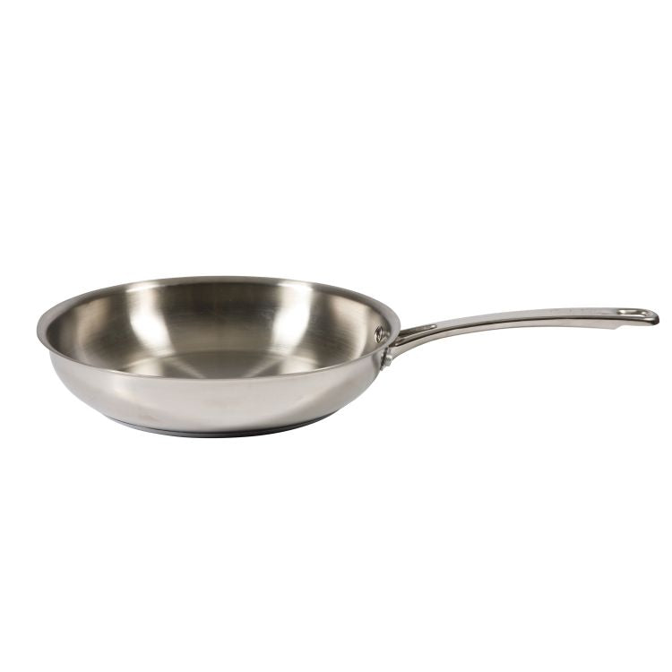 Sur La Table Kitchen Essentials Chef's Deck 12" Stainless Steel Frying Pan - Polish Exterior - Impact Bonded Base - Induction - Stainless Steel Hollow Handle - Color Sleeve w/ Remailer